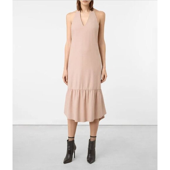AllSaints Emelie Wool Dress Ruffle Midi Sleeveless Blush Pink Pale Dogwood US 6 - Picture 1 of 13